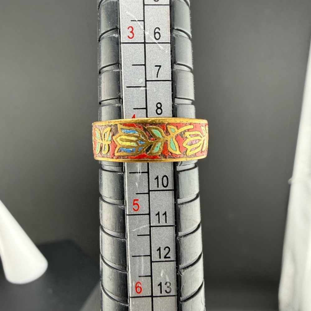 Vintage Cloisonne Enamel Flower Band Ring Red Gold Tone Size 4 - Picture 12 of 13